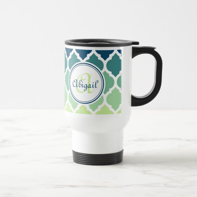 Taza De Viaje Patrón de Entramado marroquí verde azul monogramad (Derecha)