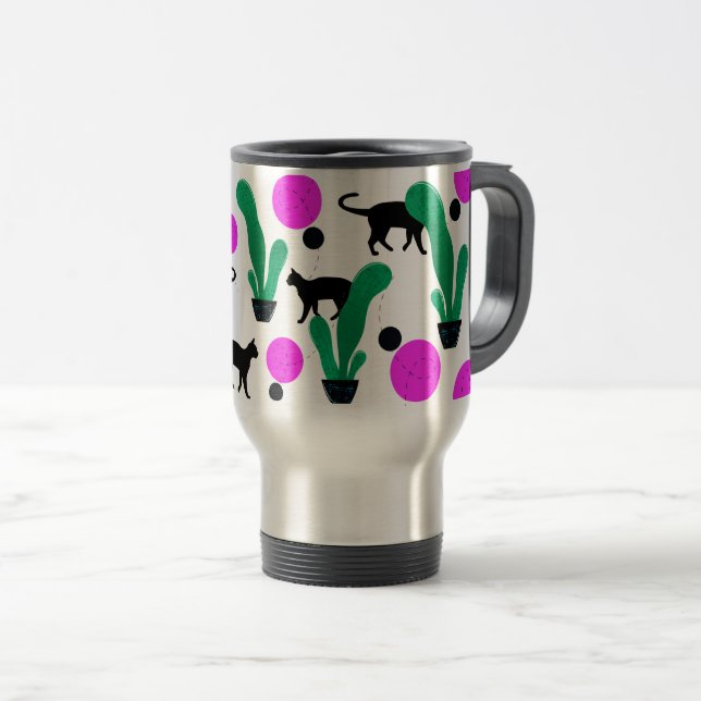 Taza De Viaje Patrón de gato negro y cactus a la moda (Anverso derecho)
