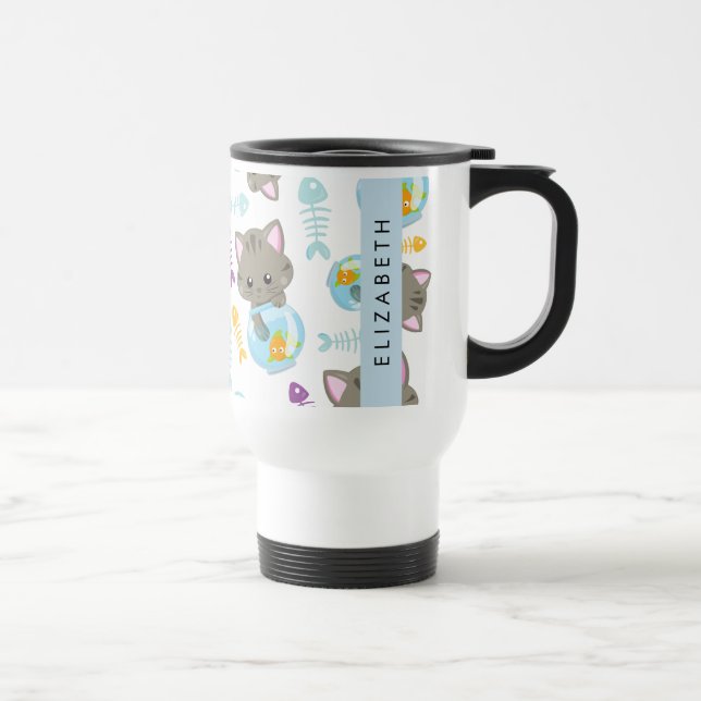 Taza De Viaje Patrón De Gatos, Gatos Cutos, Gatitos, Tu Nombre (Derecha)
