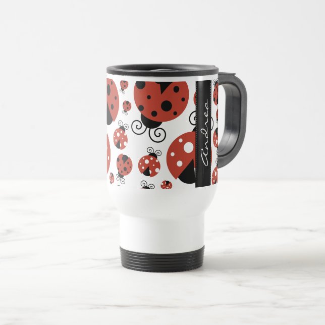 Taza De Viaje Patrón de Ladybugs, Ladybugs Rojos, Tu Nombre (Anverso derecho)