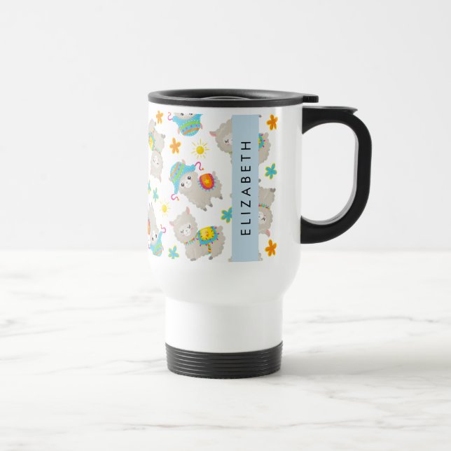 Taza De Viaje Patrón De Llamas, Alpacas, Flores, Tu Nombre (Derecha)