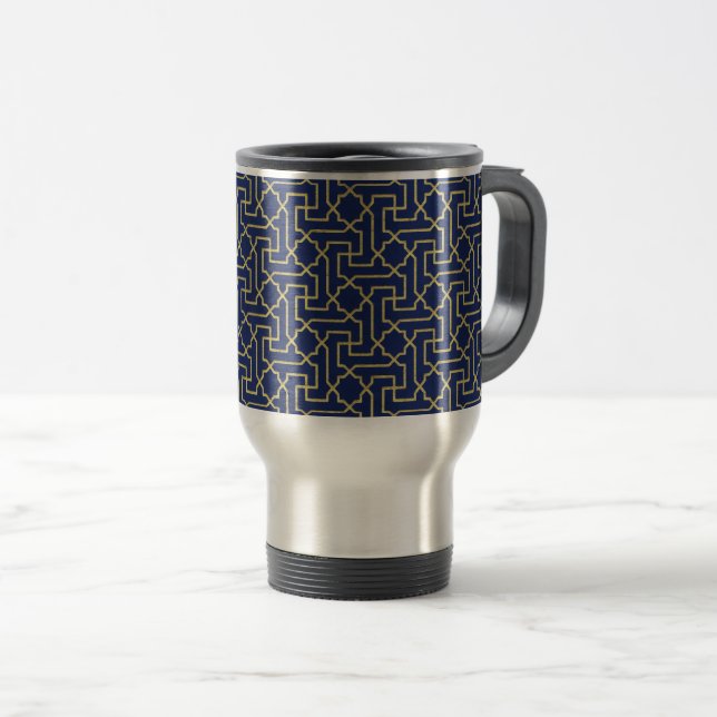 Taza De Viaje Patrón de mosaico marroquí azul marino y falso oro (Anverso derecho)