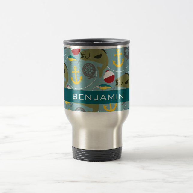 Taza De Viaje Patrón de pesca con nombre personalizado (Centro)