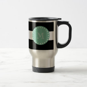 Taza De Viaje Patrón de rayas negras, monograma verde de menta