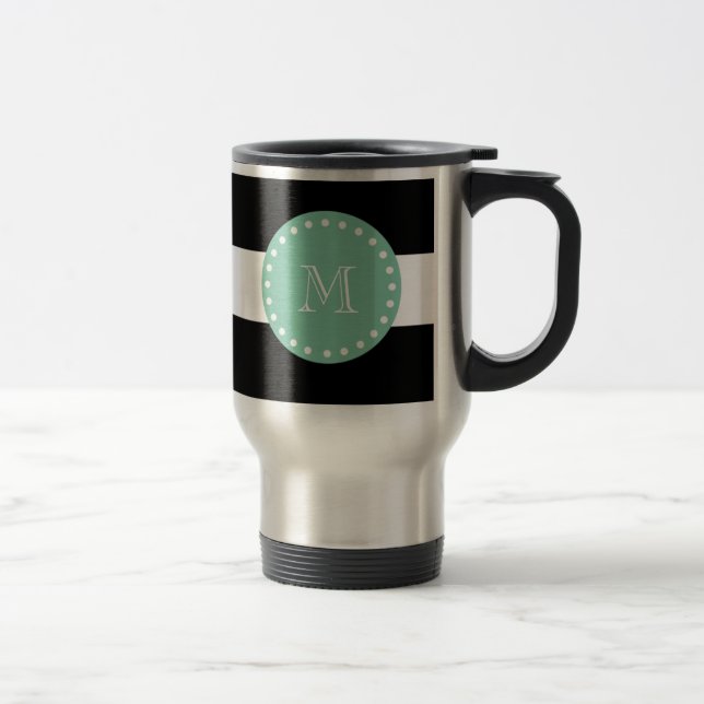 Taza De Viaje Patrón de rayas negras, monograma verde de menta (Derecha)
