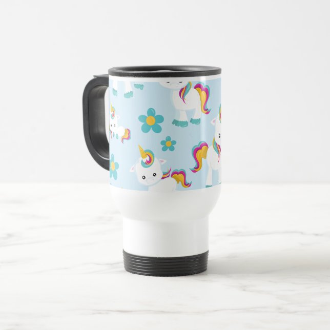 Taza De Viaje Patrón De Unicornios, Unicornios Cutos, Flores (Anverso izquierdo)