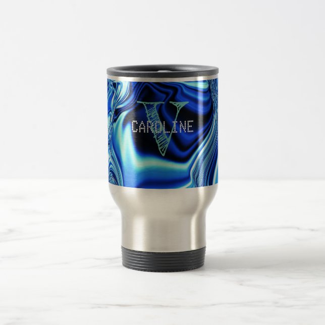 Taza De Viaje Patrón elegante de cromo azul monogramado (Centro)