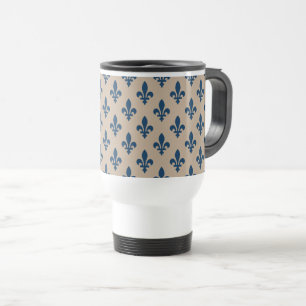Taza De Viaje Patrón Fleur de Lis, azul francés real en crema