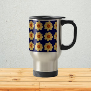 Taza De Viaje Patrón floral de Dahlia amarillo en azul