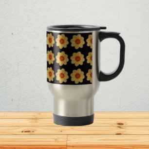 Taza De Viaje Patrón floral de Dahlia amarillo en negro