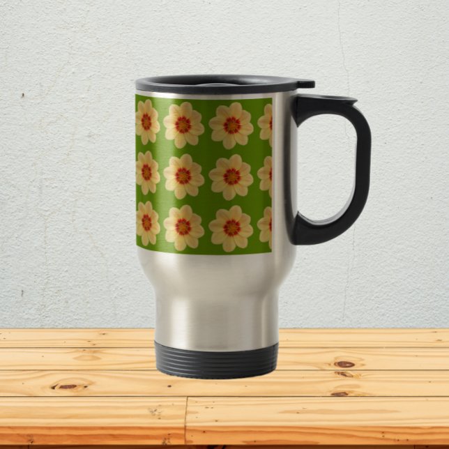 Taza De Viaje Patrón floral de Dahlia amarillo en verde (In Situ)