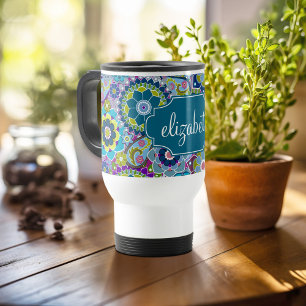 Taza De Viaje Patrón floral funky con nombre personalizado