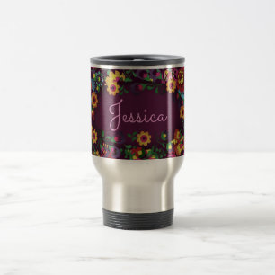Taza De Viaje Patrón Floral Ocupado Colorido Púrpura Personaliza