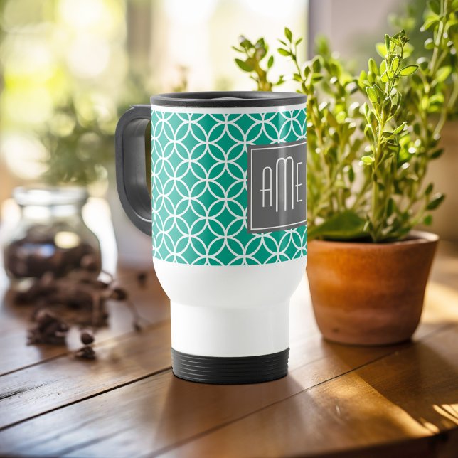 Taza De Viaje Patrón geométrico esmeralda con monogramas (Personalized travel mug - add photos and text or customize completely)