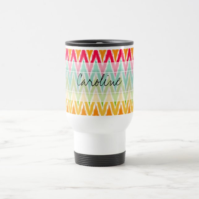 Taza De Viaje Patrón Ikat Chevron Zig Zag Verde azulado Naranja  (Centro)