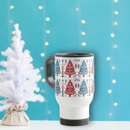 Taza De Viaje Patrón nórdico de árboles de Navidad rojos y azule