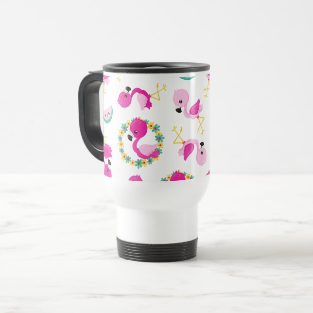 Taza De Viaje Patrón tropical, flamencos, sandías, flores (Anverso izquierdo)