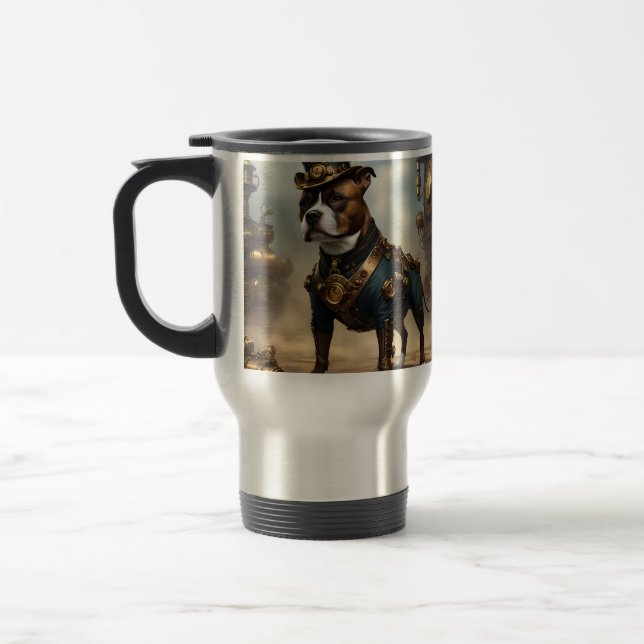 Taza De Viaje Paws mecánicos: Steampunk Staffordshire Terrier (Izquierda)