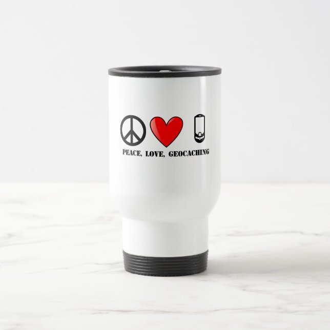 Taza De Viaje Paz, amor, y Geocaching (Centro)