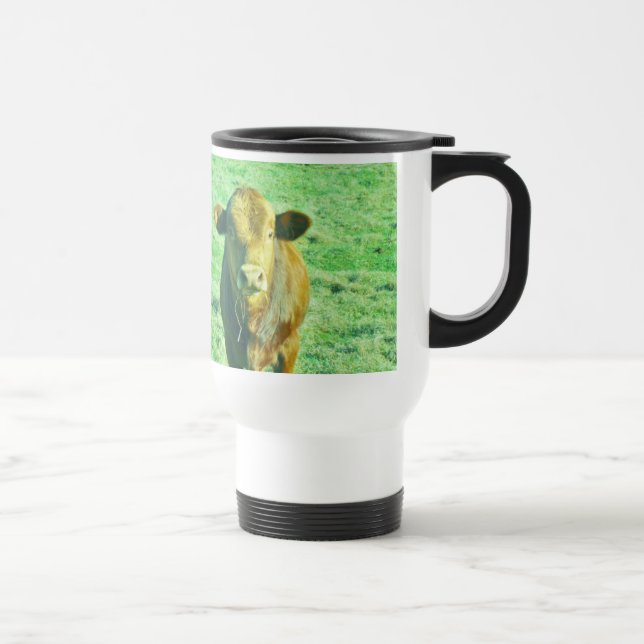 Taza De Viaje Pequeña vaca marrón en la hierba verde pastel (Derecha)