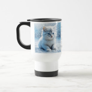 Taza De Viaje Pequeño gatito blanco personalizado en la nieve