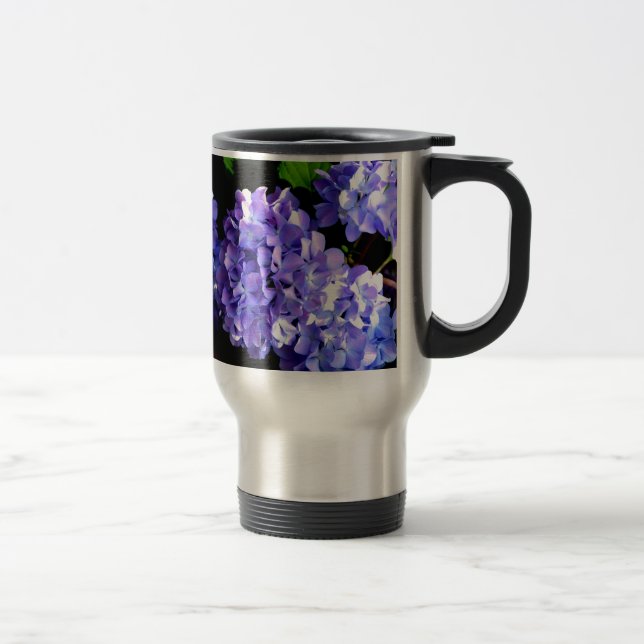 Taza De Viaje Periwinkle hidrangeas flor azul púrpura floral (Derecha)