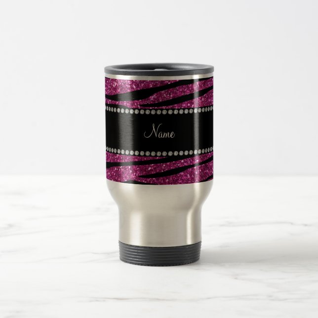 Taza De Viaje Personalice el nombre purpurina rosa rayas de cebr (Centro)