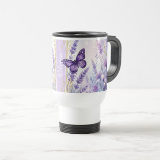 Taza de viaje personalizada de mariposa de lavanda