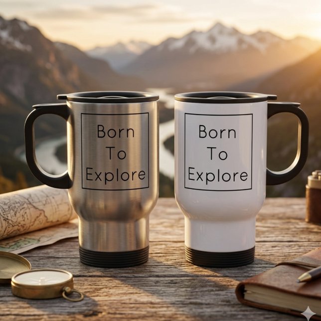Taza de viaje personalizada Nacida para Explorar (Travel mug with personalized text reads "Born To Explore")