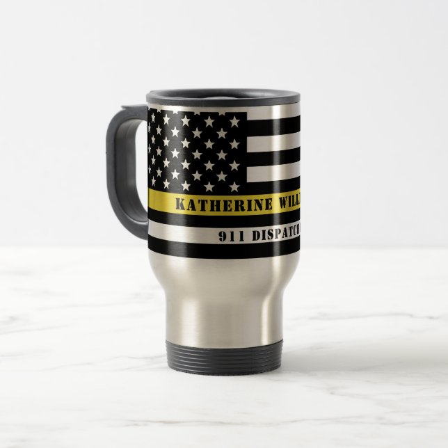 Taza De Viaje Personalizado 911 Dispatcher USA Flag Thin Yellow  (Anverso izquierdo)