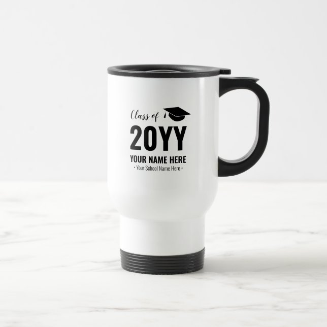 Taza De Viaje Personalizado de viajes de graduación negro y blan (Derecha)