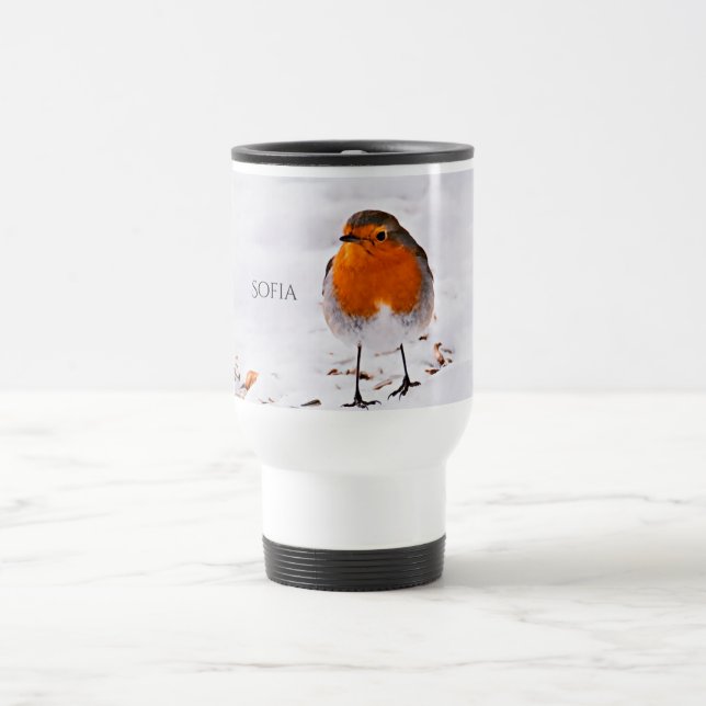 Taza De Viaje Personalizado lindo Robin pájaro en la nieve añada (Centro)