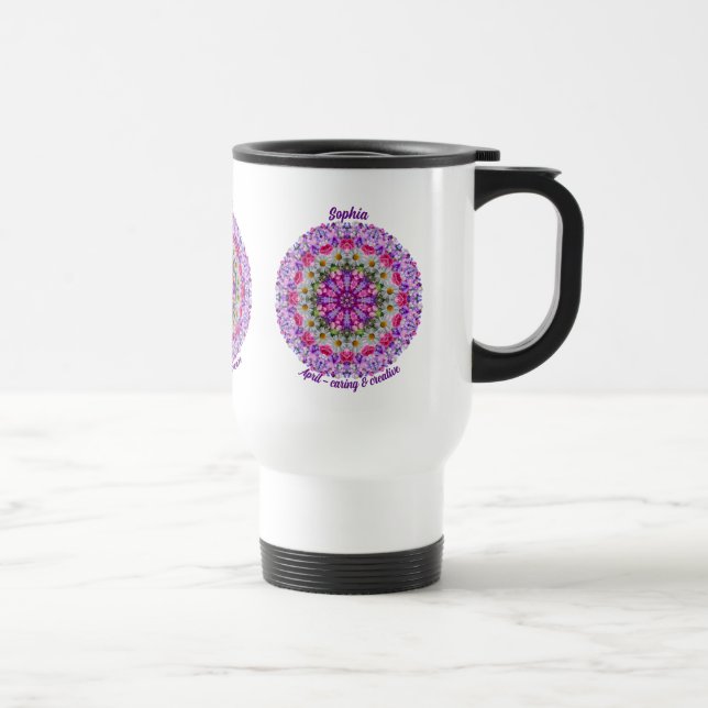 Taza De Viaje Personalizado Mes de Nacimiento Flor Abril Mandala (Derecha)