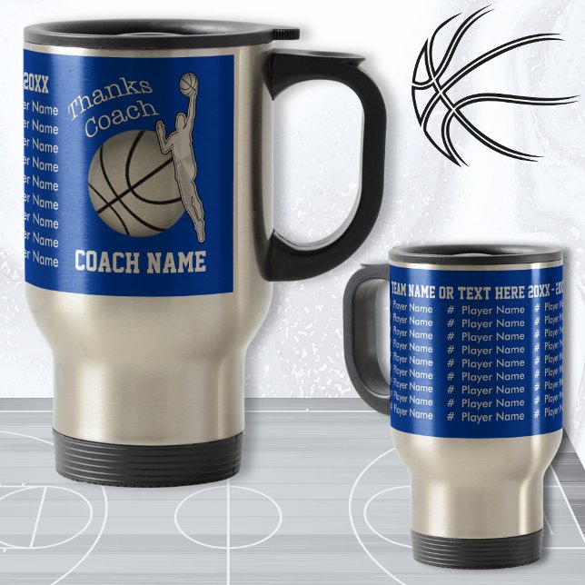 Taza De Viaje PerSONALIZADOS los regalos del entrenador de balon (Personalized Basketball gifts for coaches, players names. Gifts for Basketball Coach. Blue Silver.)