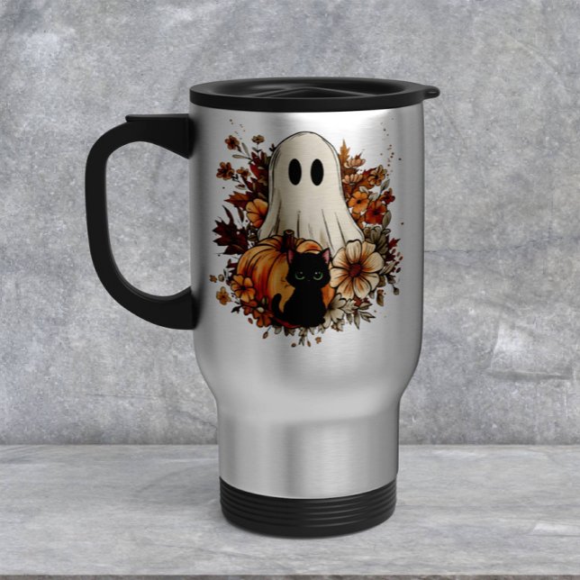 Taza De Viaje Personalized Cute Ghost and Black Cat Autumn Mug (Subido por el creador)