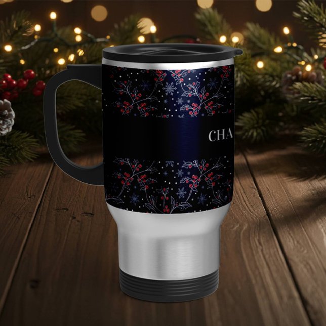 Taza De Viaje Personalized Holly Berry and Snowflakes Christmas  (Subido por el creador)