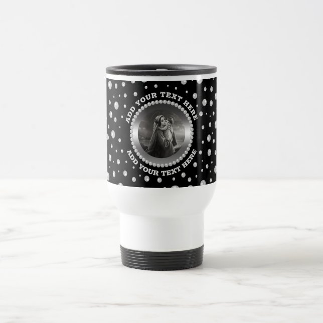 Taza De Viaje Personalized Photo with Pearls Circle on Black (Centro)