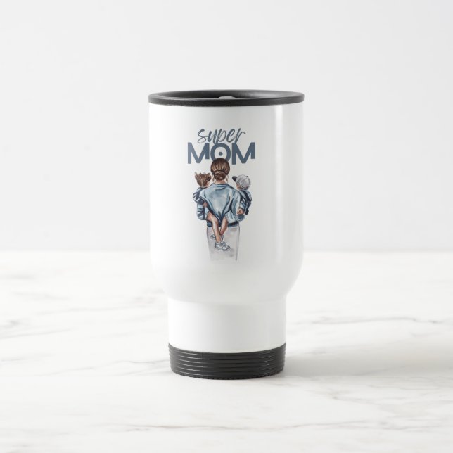 Taza De Viaje Personalized Super Mom with Son and Daughter Gift (Centro)