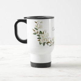 Taza De Viaje Personalized White Floral Mug, Elegant Custom Name
