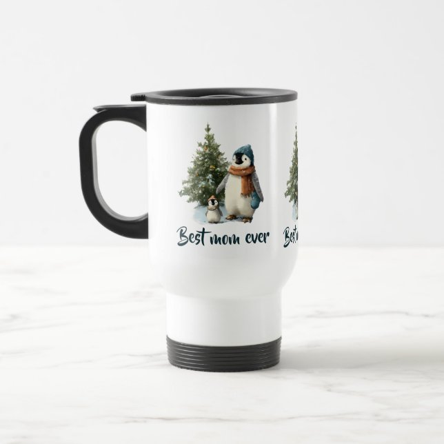 Taza De Viaje Personalized Winter Penguin “Best Mom Ever” (Izquierda)