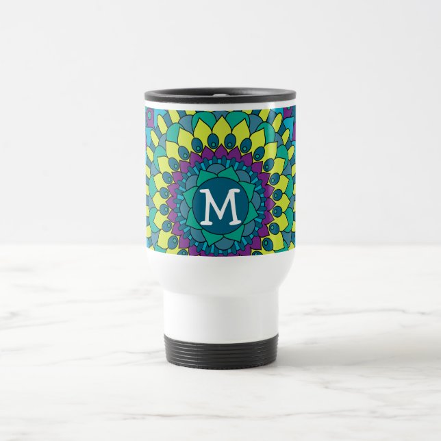 Taza De Viaje Pétalos de flores bohemias divertidos con monogram (Centro)