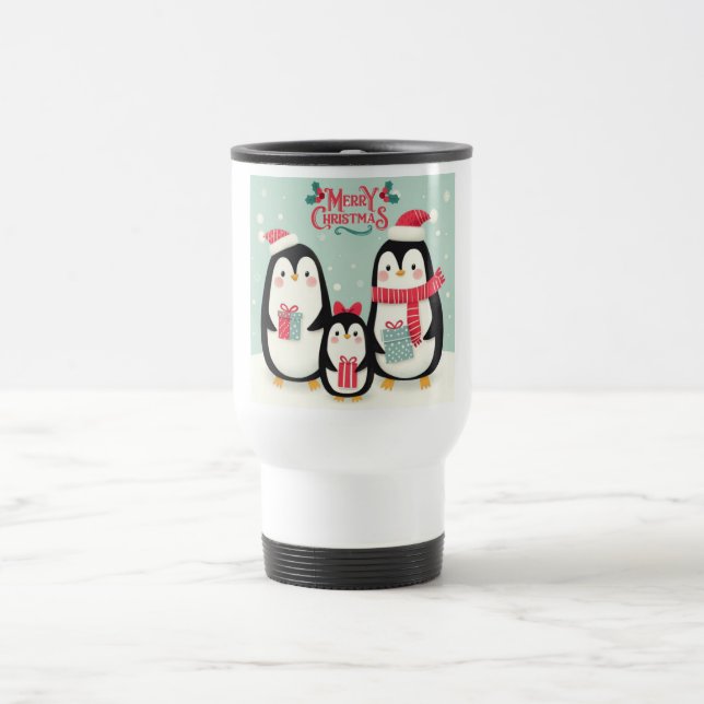 Taza De Viaje Pingüinos nevados de Feliz Navidad (Centro)