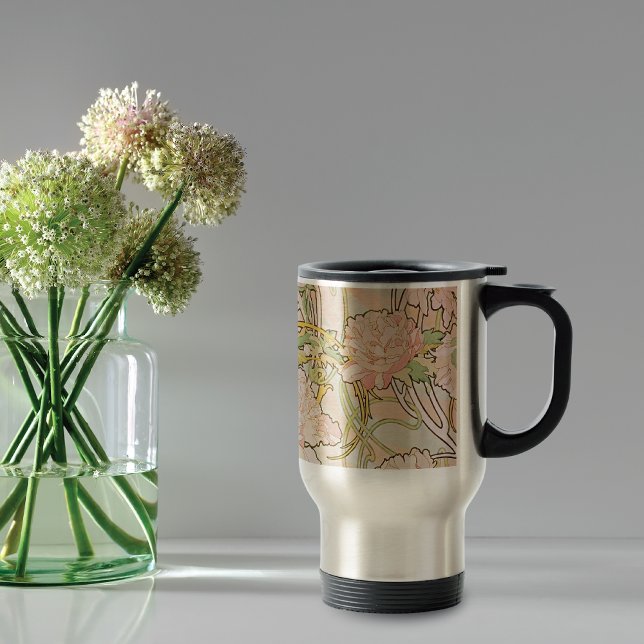 Taza De Viaje Pink Peony Pattern Alphonse Mucha (Subido por el creador)