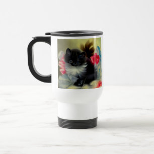 Taza De Viaje Pintura de gatito blanco y negro vintage