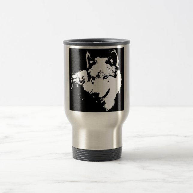 Taza De Viaje Pintura de Lobo Blanco y Negro (Centro)