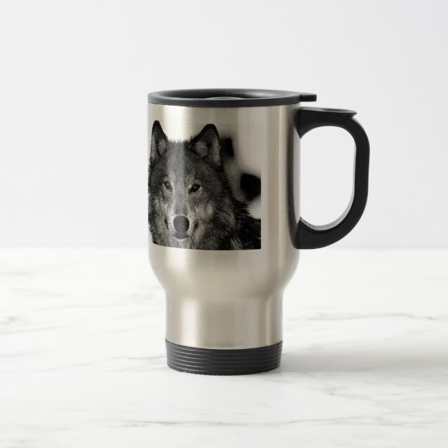 Taza De Viaje Pintura de Lobo Blanco y Negro (Derecha)