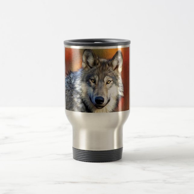 Taza De Viaje Pintura del arte del lobo gris (Centro)