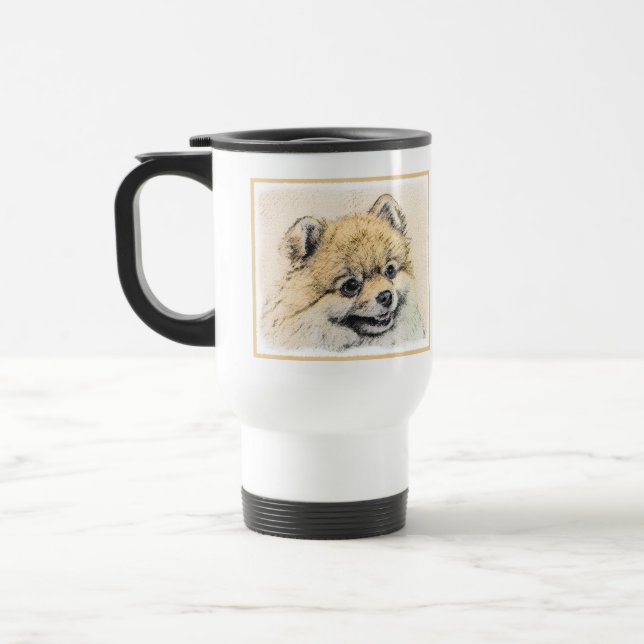 Taza De Viaje Pintura Pomerania (Naranja) - Arte Perro Original (Izquierda)