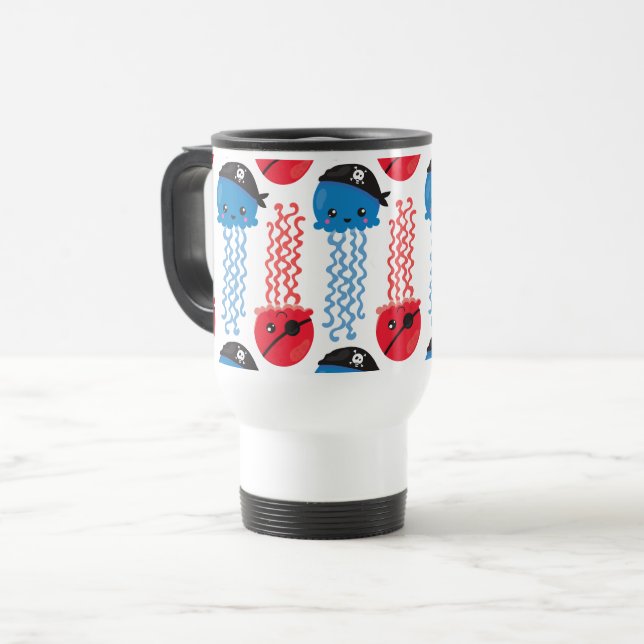 Taza De Viaje Pirate Jellyfish, Patrón de medusas, animales mari (Anverso izquierdo)