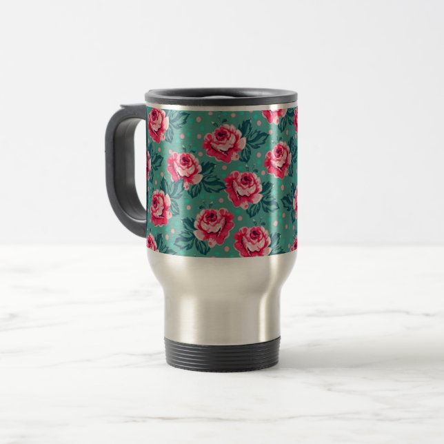 Taza De Viaje Pretty Pink Roses and Polka Dot Pattern on Teal (Anverso izquierdo)
